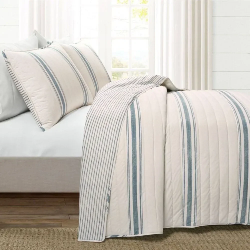 Lush Decor - 2pc Twin/Twin Extra Long Farmhouse Stripe Reversib Blue